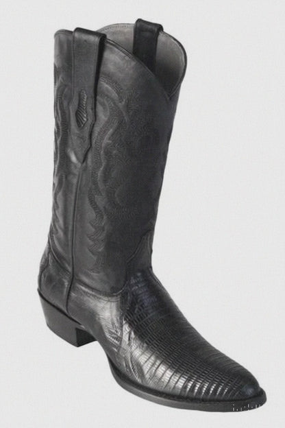 Los Altos Boots Lizard Teju R-Toe Black Cowboy Boots