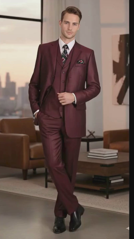 Men’s Burgundy 3-Piece Suit – Burgundy Three Buttons Vested Suit - Pleated Pants Classic Fit Athletic Cut