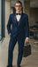 Men’s Light Navy Blue Satin Tuxedo with Black Shawl Lapel and Three-Piece Design  in Spahire Blue Color