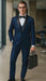 Men’s Light Navy Blue Satin Tuxedo with Black Shawl Lapel and Three-Piece Design in Spahire Blue Color