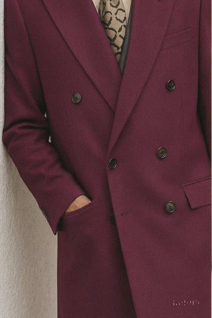 DBCoat Men's Wool Long Designer Men's Wool Men's Peacoat Sale Double Breasted Overcoat Style Full Length Burgundy