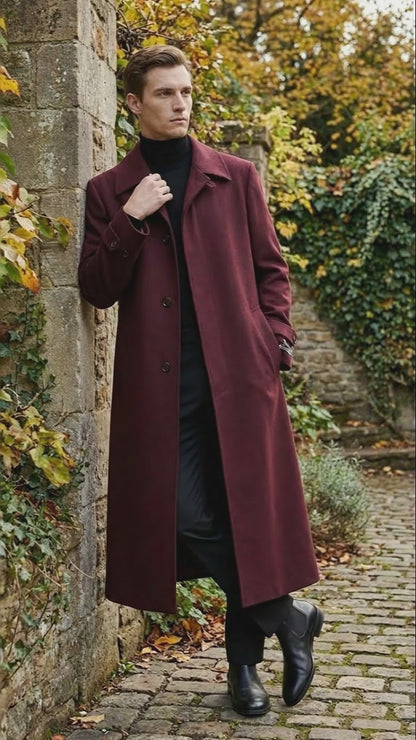 Men’s Full-Length Burgundy Overcoat – Microfiber 4 season fabric  Long Formal Coat with Classic Tailored Maxi Duster Coat