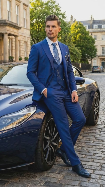 Men’s Royal Blue 3 Piece Suit Set with Vest – Formal Wedding and Party Wear Suit - Saphire Cobalt blue Modern Fit