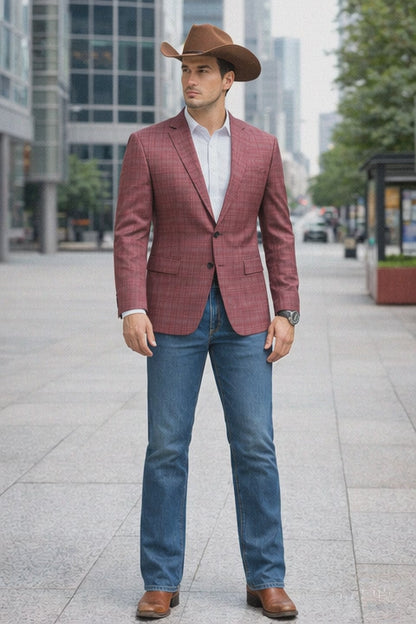Saco vaquero - Western Sport Coat - Western Blazer  - Men's Two Button Regular Fit Windowpane Mauve Plaid Sport Coat Blazer