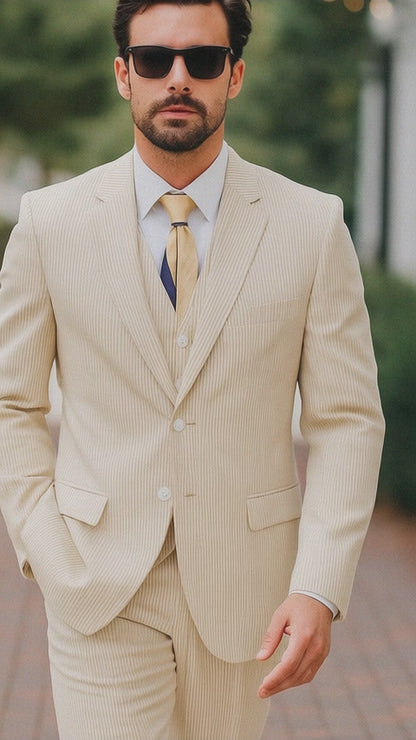 Sear Sucker Suit Mens 3pc 100% Cotton Seersucker Sear sucker suits Taupe - High End Suits - High Quality Suits