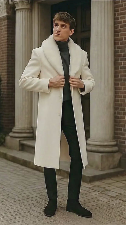 Men’s Ivory - Cream - Off White Full-Length Overcoat with Luxurious Faux Fur Shawl Collar – Winter Dress Coat