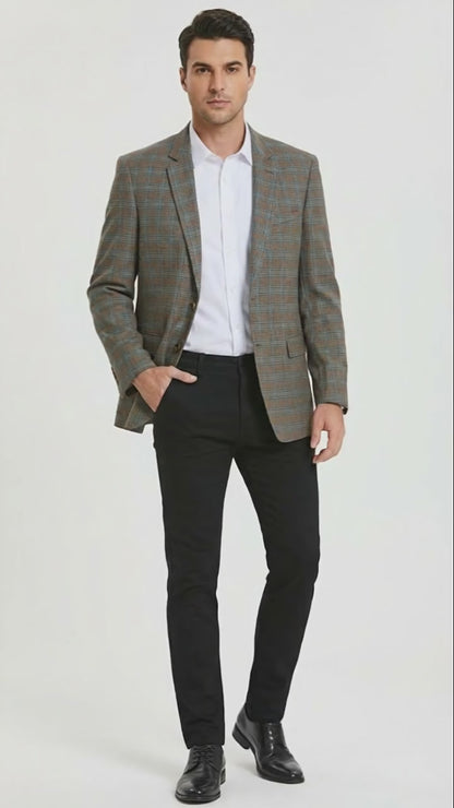 Men’s Green Brown and Teal Plaid Sport Coat – Tailored Fit Check Blazer Jacket - Tartan Sportcoat