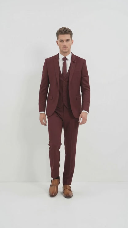 Mens 3-Piece Burgundy Slim Fit Suit with Vest – Wedding, Prom and Formal Wear