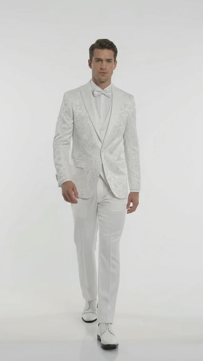 Men’s White Paisley Wedding Tuxedo with Groom Suit Jacket, Vest and Pants, Formal Dress Suit
