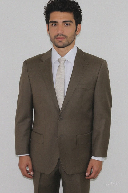 Men's Classic 2 Button Super 140's Suit in Taupe - Light Olive  Tiglio Brand - 100% Percent Wool Fabric Suit - Worsted Wool Business Suit