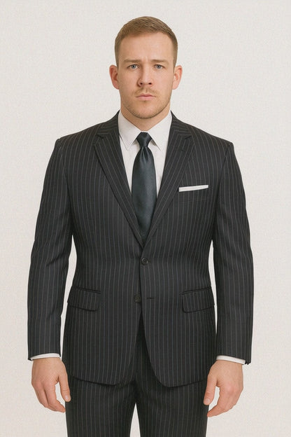 Dark Navy Wide Pinstripe 2 Button Men's Suit - Dark Blue Suit