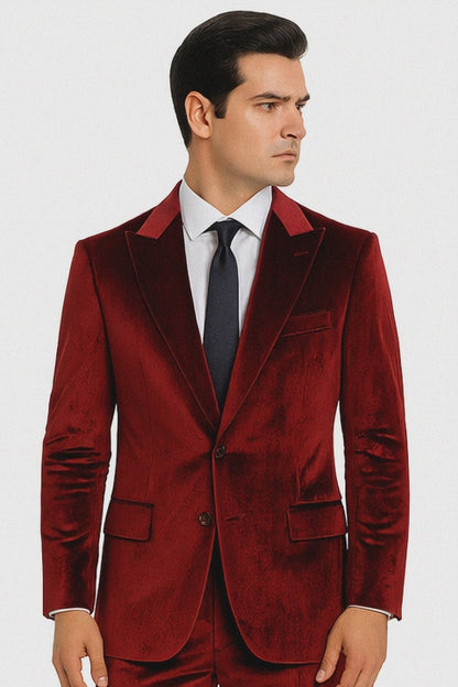 Men’s Velvet Burgundy Suit – Slim Fit 2-Piece Formalwear Set by Tazzio