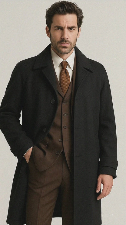 Men's  Peak Lapel Diamond Duster Overcoat Black