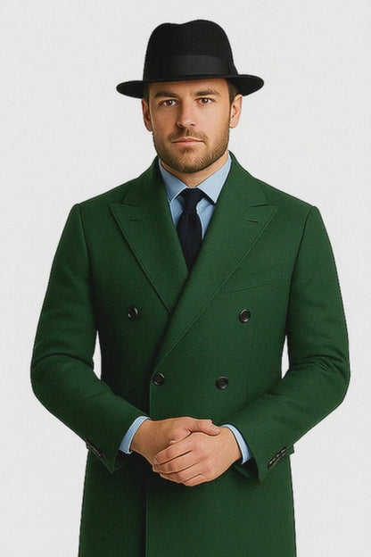 Men's Dress Coat Double Breasted Long Overcoat Olive Green