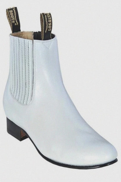 Los Altos Men’s White Deer Leather Charro Ankle Boots, Short Western Botin Boots with Square Toe