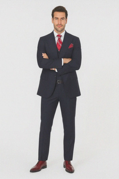 Navy Full Cut / Wide Leg Double Breasted 100% Percent Fabric Slanted Vest - 100% Percent Wool Fabric Suit - Worsted Wool Business Suit