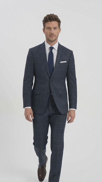 Statement Men’s Navy Windowpane 2 Piece Wool Suit, Modern Fit Super 200s Formal Business Suit