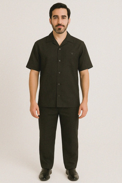 Men's Plain Black Short Sleeve Linen Casual Casual Two Piece Mens Walking Outfit For Sale Pant Sets Suit With Pant - Mens Linen Suit
