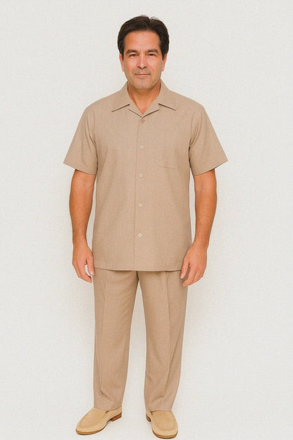 Men's Short Sleeve Khaki Plain Linen Casual Casual Two Piece Mens Walking Outfit For Sale Pant Sets Suit Pleated Pant - Mens Linen Suit
