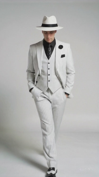White and Black Pinstripe Vested Suit + Matching White Hat + Shirt And Tie - Gangster Suit