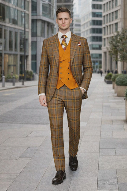 Mens Two Button Peak Lapel Suit Brown ~ Yellow