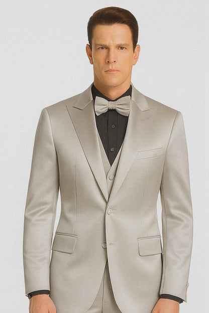 Men's Silver Satin Slim Fit Tazzio 3 Piece Suit with Double Breasted Vest and Peak Lapel Jacket