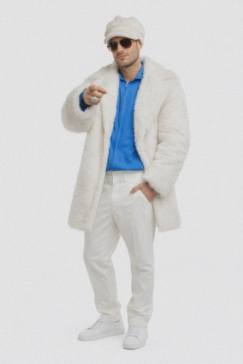 Ivory Faux Fur Coat - Off White Color Cream Mens Coat - Single Breasted