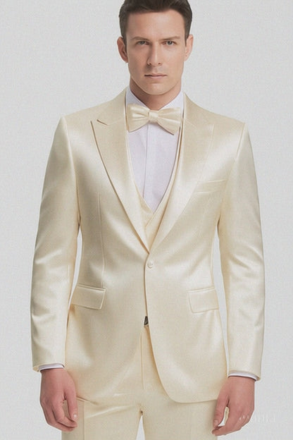 Champagne Satin Skinny Fit 3 Piece Tazzio Men's Suit with Double Breasted Vest and Peak Lapel Jacket Modern Fit