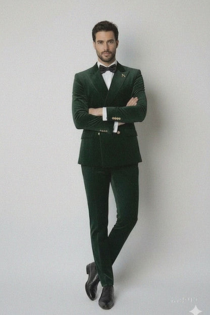 Mens Velvet Suit - Slim Fit Double Breasted Suit Blazer and Pants - Green