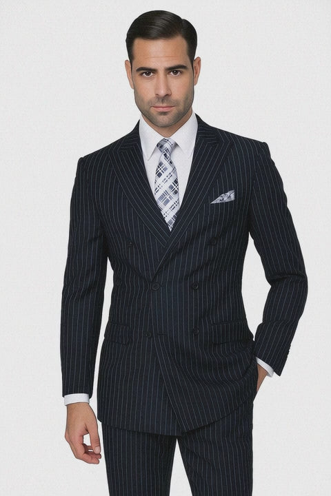  Wool Double Breasted Suit - Bold Pinstripe