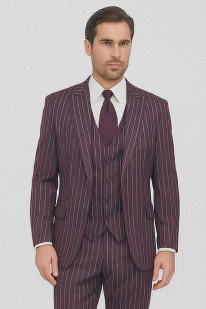 Men's Burgundy ~ White Gangster Bold PinStripe Mars Vested 3 Piece Fashion Suit