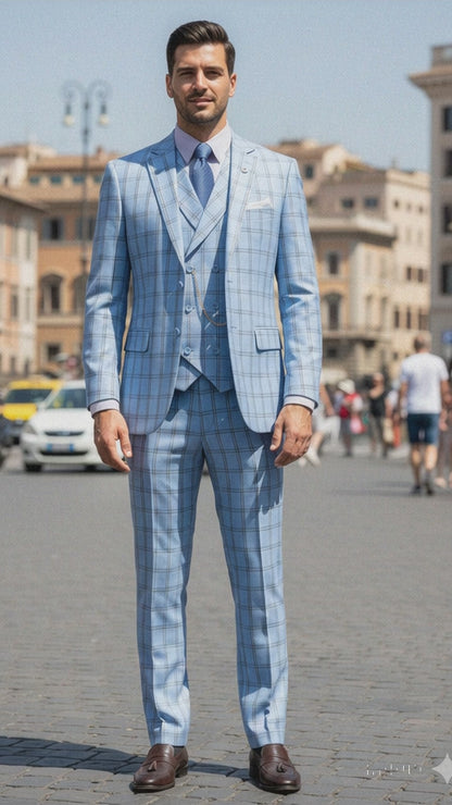 Lazio Collection - Modern Fit Windowpane Suit 3 Piece in Light Blue