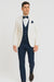 White and Navy Blue Tuxedo Wedding Suit - White Dinner Jacket + Vest + Pants + Bow-tie