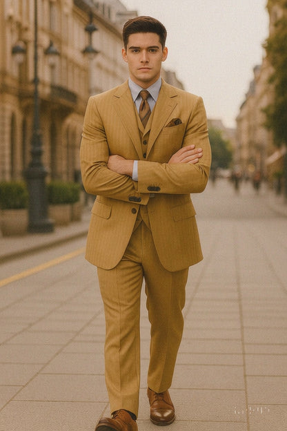 Mens 4 Buttons Semi Wide Leg Shiny Tonal Stripe Fashion Suits in Gold