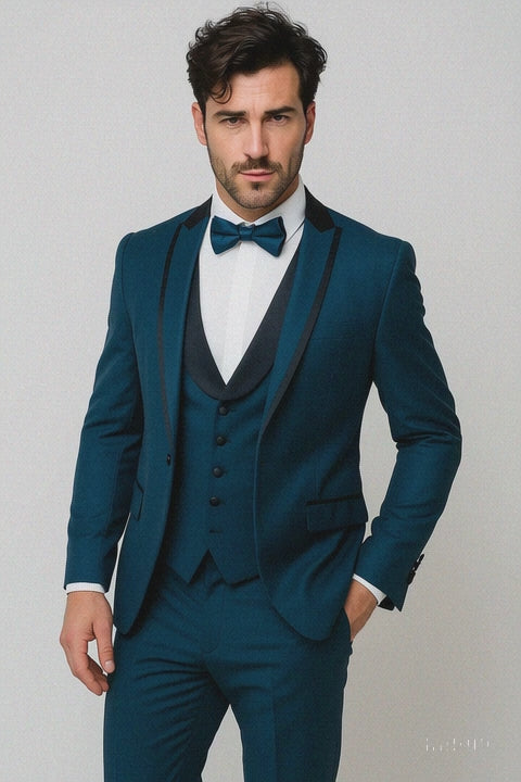 Blue Slim Fit Tuxedo 3 Piece with Satin Shawl Collar Vest