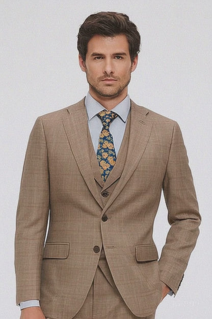Tan Plaid Suit - Vested Suit - 3 Piece Suits - Peak Lapel Suits - Windowpane Suit - 2 Button