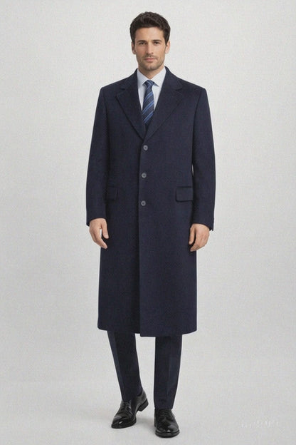Men'S Dress Coat Long Wool Winter Dress Knee Length Coat 45 Inch Navy Blue Men'S Overcoat Classic Model Features Button Front Wool 3 Button Style