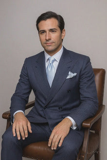 Suits With Baggy Pleated Pants - Wide Leg Pants 100% Wool - Classic Fit in Navy with White Pinstripe Color by Rossiman