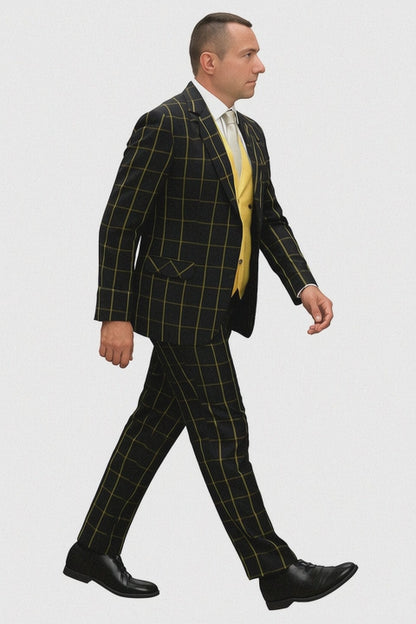 Athletic Suit - Black ~ Yellow Windowpane - Plaid Suit Modern Fit Side Vented Super 150's Wool Fabric - 100% Percent Wool Fabric Suit - Worsted Wool Business Suit