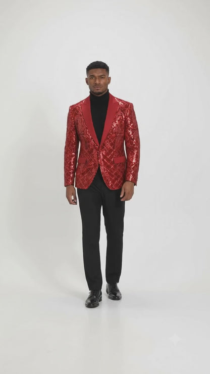 Mens Sequin Christmas Holiday Blazer – Luxury Party Jacket for New Year Jacket Sparkly Dinner Jacket in color "Red"