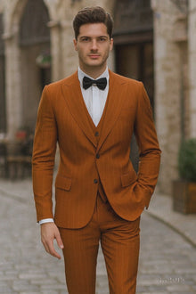 Stylish Modern Men’s Terracotta Orange Pinstriped Suit – Tazzio Skinny Fit Suit
