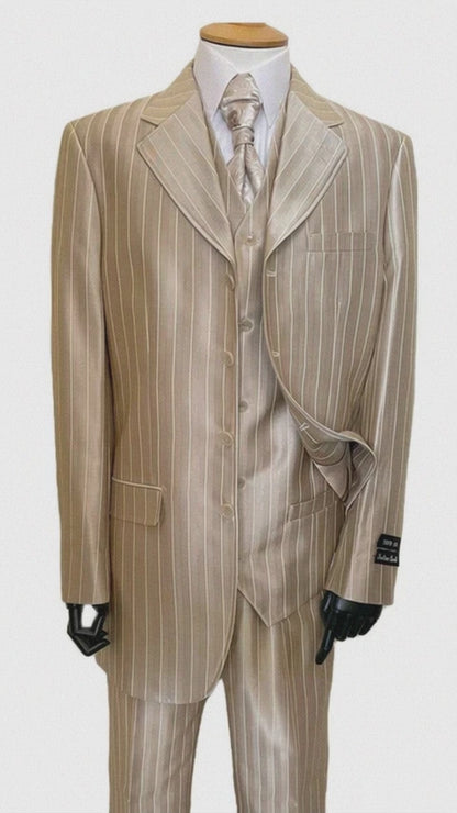Zoot Suit - Shiny Gold Champaign Mens Harlem Gangster Suit 1920s Tan Stripe Fortino 2911V