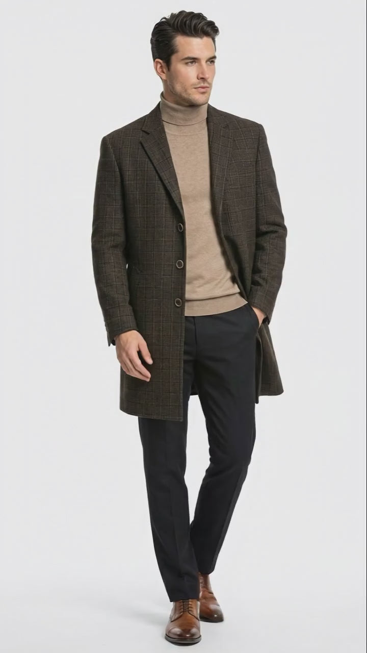 Men's Brown Checkered Wool Overcoat – Long Winter Coat with Classic Pl —  MensUSA