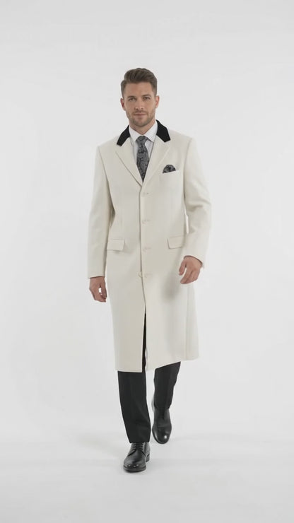 Men’s Winter White Chesterfield Overcoat, Wool and Cashmere Full Length Dress Coat