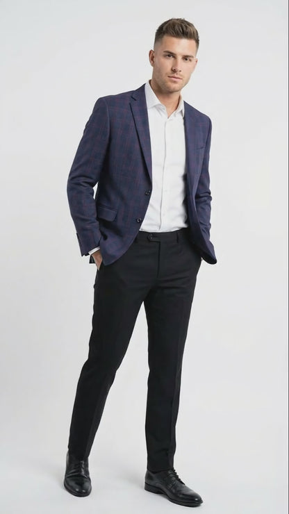 Men’s Big and Tall Navy Blue with Burgundy Plaid Jacket and Sport Coat – Wool Blazer
