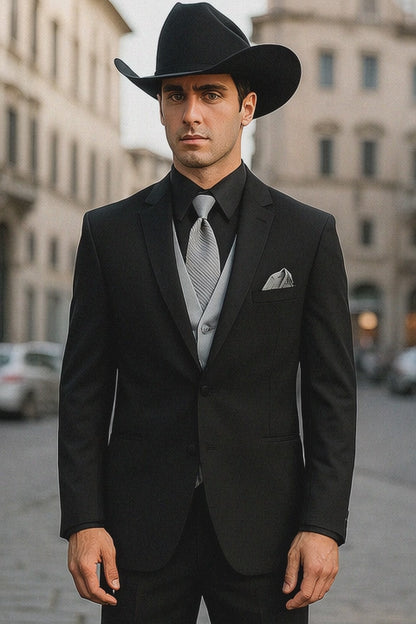 Men 2 Button Trim Cowboy in Black Cowboy Suit - Country Wedding Suits Modern Fit