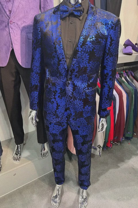 Royal Blue and Black Floral Tuxedo Suit