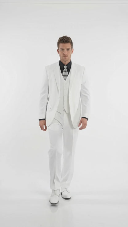 Men’s All White Classic 3 Piece Suit with High Vest, 3 Button Jacket and Pleated Pants