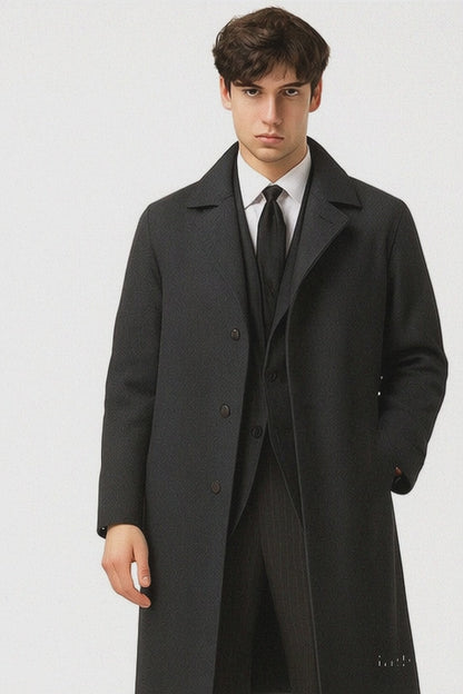 Men's Full Length Wool Overcoat Belted Charcoal Grey Belted Wool Overcoat