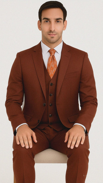 Vitali Brand Suits - Men's 3 Pieces Pleated Pants Side Vents With Pattern Brick